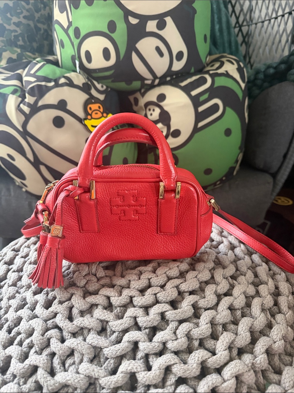 Tory Burch Coral-Red Leather Mini Satchel with Tassel
